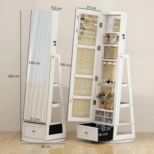 Espejo Joyero con Luces LED Armario Joyero con Espejo Entero Giratorio de 360° Cajón Cerradura Blanco [4]