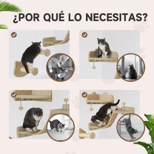 Rascador de Pared para Gatos con 2 Postes de Sisal Plataforma Doble con Escalera Suave y 1 Plataforma para Saltar Beige [5]