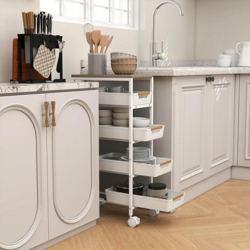Carro de Cocina de 5 Niveles Carrito Auxiliar con Ruedas Tablero Efecto Madera Cajones Extraíbles 39,5x24x82 cm Blanco [3]