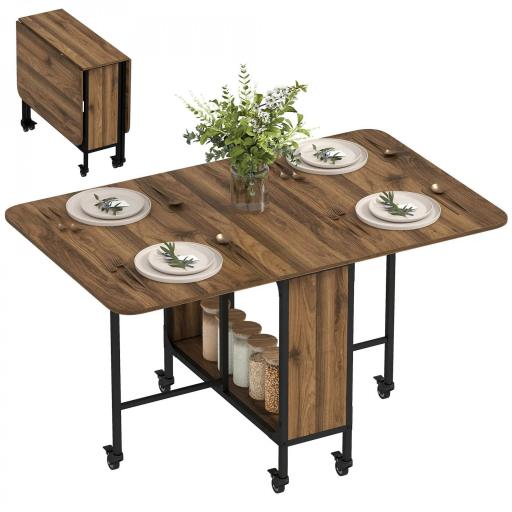 Mesa de Cocina Plegable con Ruedas Alas Abatibles y Estante Mesa Plegable para Salón 130x80x74 cm Marrón [8]