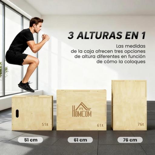 Cajón de Salto de Madera 3 en 1 con 2 Mango Hueco Carga 120 kg para Casa Oficina Gimnasia 61x51x76 cm Madera Natural [6]