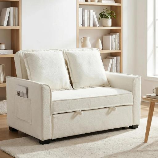 Sofá Cama 2 Plazas 3 en 1 con Respaldo Ajustable Bolsillos Laterales 2 Almohadas para Sala de Estar Blanco Crema [5]