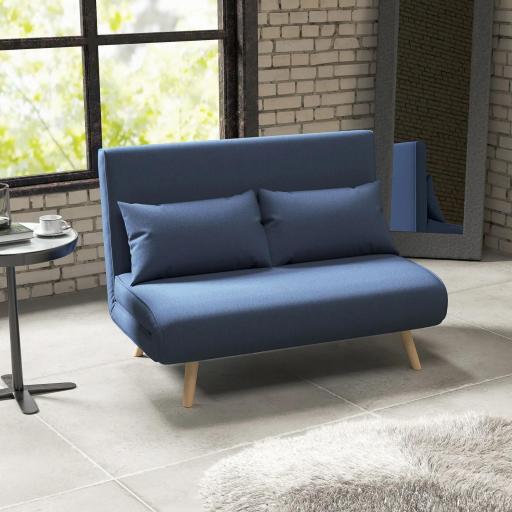 Sofá Cama de 2 Plazas Tapizado en Lino con Respaldo Ajustable en 5 Posiciones y 2 Almohadas 120x75x85 cm Azul Oscuro