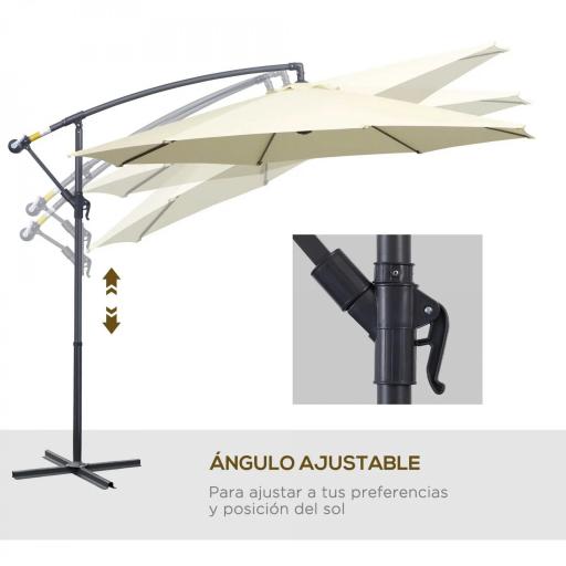 Sombrilla de Jardín Ø300x250 cm Parasol Excéntrico Inclinable con Manivela Base Cruzada y Soporte de Metal 8 Varillas para Terraza Exterior Balcón Beige [3]