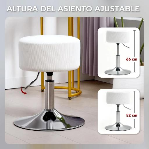 Taburete de Cocina Regulable en Altura 52-66 cm Tapizado en Pana Giratorio en 360° Blanco [2]
