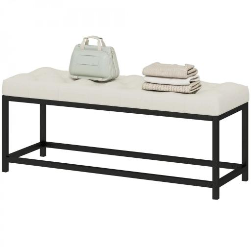 Banco Pie de Cama Tapizado en Terciopelo Diseño Capitoné Base de Metal para Dormitorio Entrada Salón Crema [9]