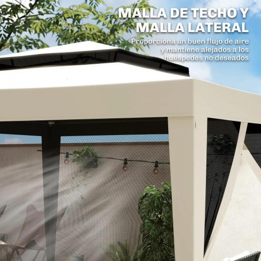 Carpa de Jardín 3x3 m Cenador Gazebo con 4 Mosquiteras Laterales Techo Doble 8 Orificios de Drenaje Marco de Metal Beige [5]