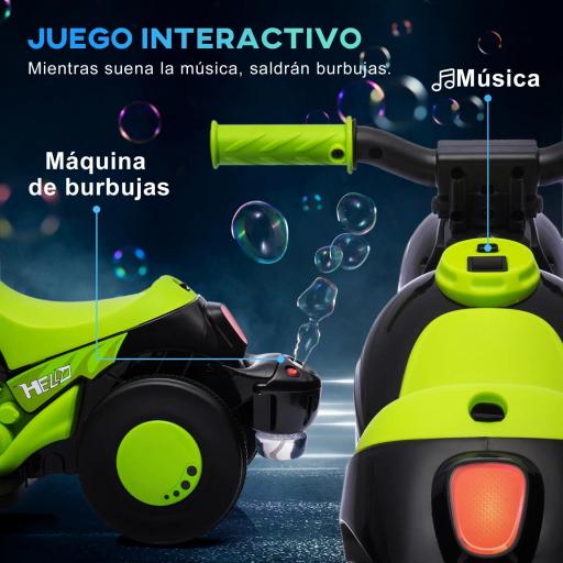 Moto Eléctrica para Niños de +2 Años con Función de Soplar Burbujas Faros Música Velocidad 3 km/h Carga 30 kg Verde [3]