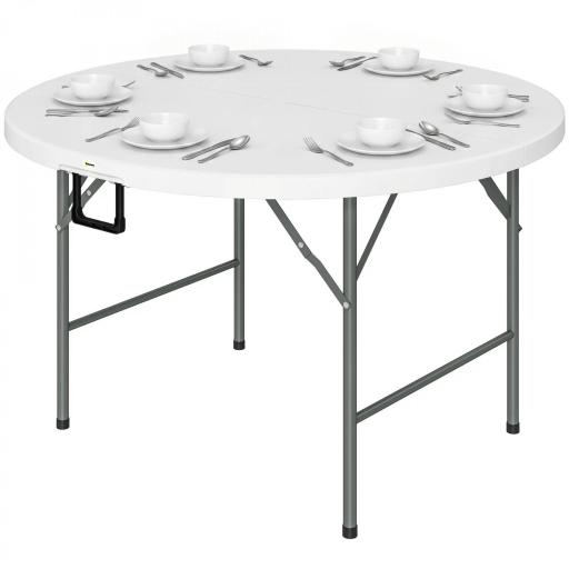 Mesa Auxiliar Redonda Mesa de Jardín Plegable con Marco de Acero y Encimera de HDPE Carga 80 kg Ø122x73 cm Blanco [11]