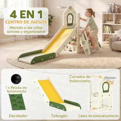 Tobogán Infantil Plegable 5 en 1 con Escalador Aro de Baloncesto Pelota Almacenamiento y Peldaños Crema [4]