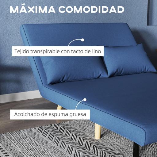 Sofá Cama de 2 Plazas Tapizado en Lino con Respaldo Ajustable en 5 Posiciones y 2 Almohadas 120x75x85 cm Azul Oscuro [4]