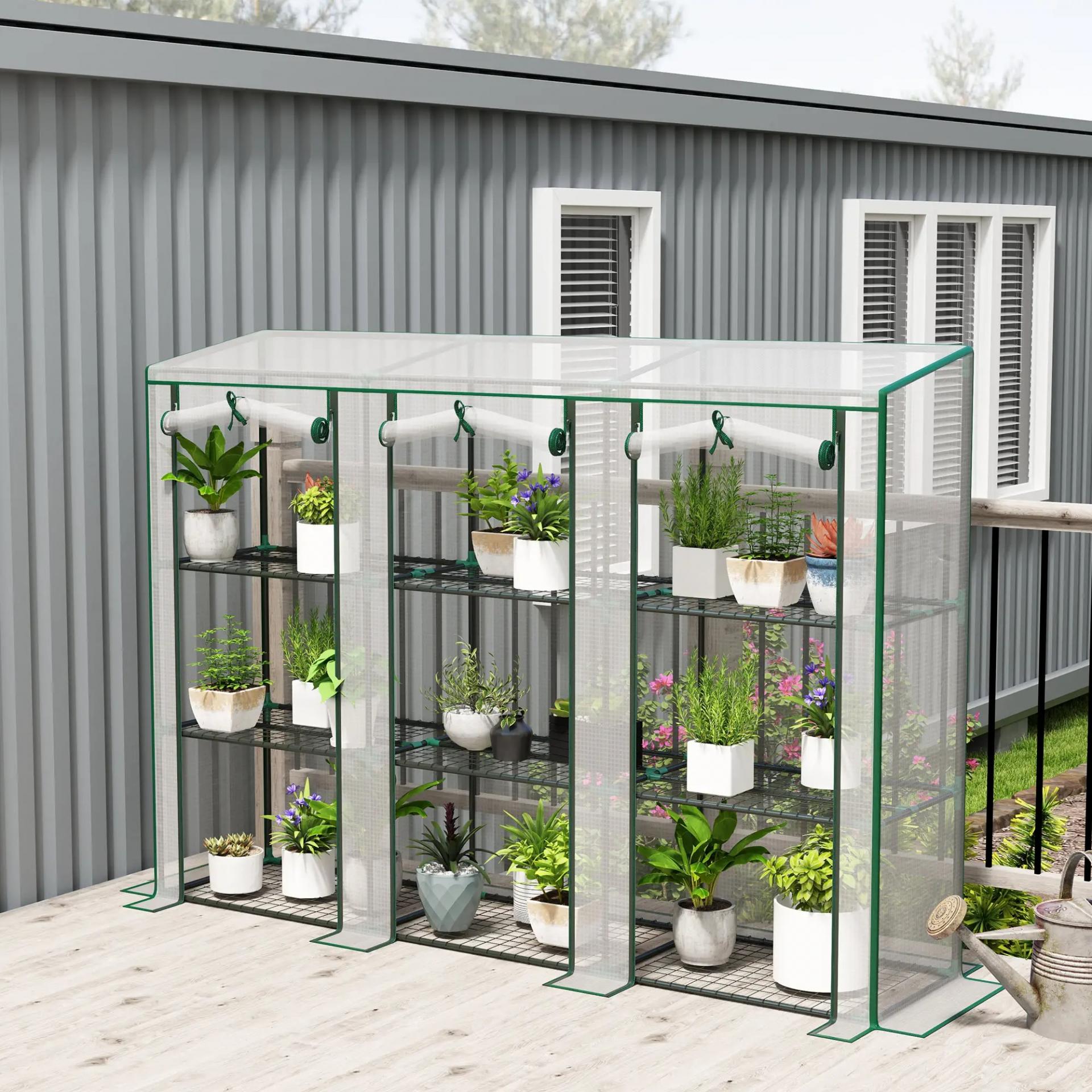 Invernadero de Exterior de 3 Niveles con Puerta Enrollable con Cremallera 9 Estantes Cubierta de PE 215x46x151cm Blanco