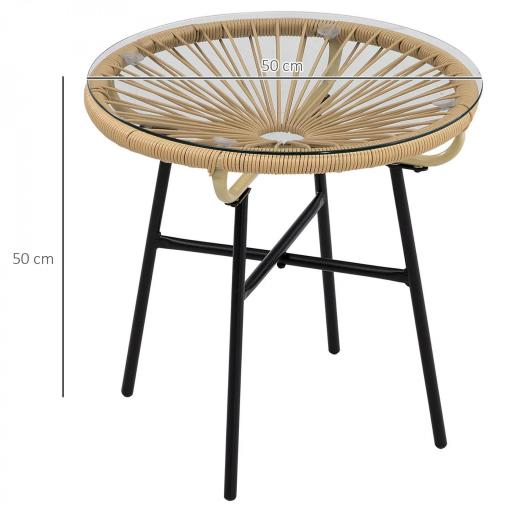 Mesa Auxiliar de Ratán Sintético Redonda para Exteriores con Encimera de Vidrio Templado Ø50x50 cm Beige [1]