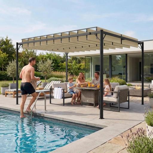 Pérgola de Jardín 3x4 m con Protección UPF 50+ Gazebo con Techo Ajustable Estructura de Metal para Exterior Crema [2]