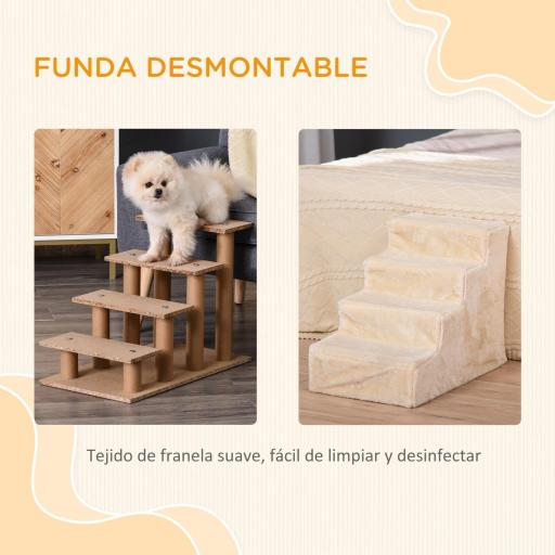Escalera para Mascotas de 4 Peldaños 2 en 1 con Funda Extraíble y Lavable Escalera Rascadora de Perros 60x35x44 cm Beige [3]