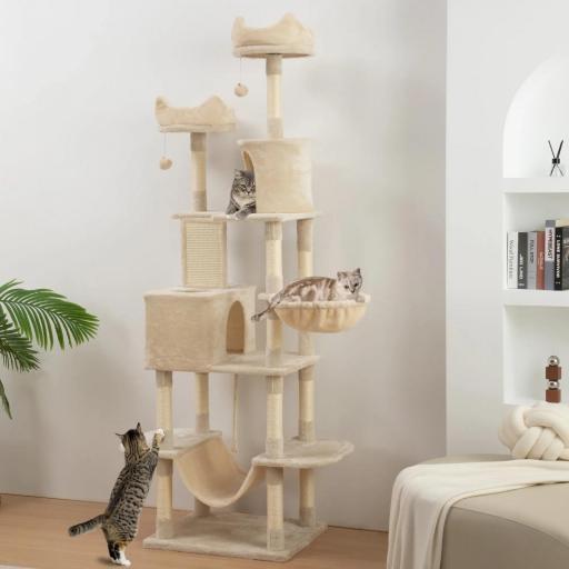 Árbol Rascador para Gatos Grande Altura 206 cm con Múltiples Niveles Cuevas Bolas Colgantes y Hamacas Beige