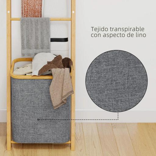 Estantería para Baño de Bambú Toallero de Pie con 3 Barras Cesto para Ropa Sucia Extraíble de 48 L Gris [4]