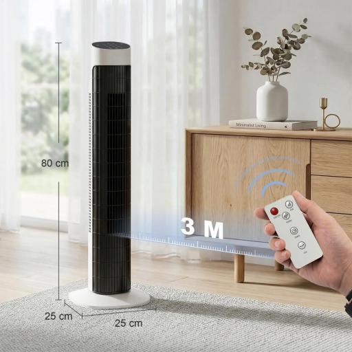 Ventilador de Torre Silencioso con Control Remoto 3 Velocidades 3 Modos Temporizador 7,5H Oscilación 70° Blanco y Negro [1]