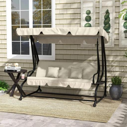 Balancín de Jardín Exterior de 3 Plazas Convertible en Cama con Toldo Ajustable y 2 Almohadas Carga 340 kg Crema