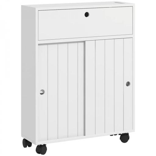 Armario de Baño Mueble Auxiliar con 4 Ruedas 2 Agujeros para Papel 2 Armarios y Estantes Ajustables 52x17x67 cm Blanco [9]