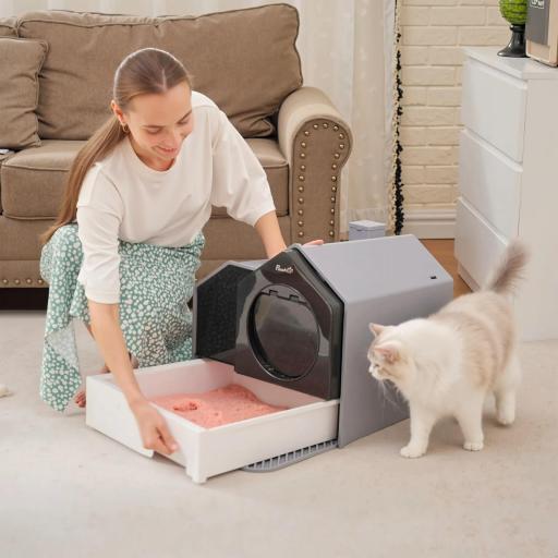 Arenero para Gatos Caja de Arena Cerrada para Gatos con Bandeja Extraíble Pala y Filtro Desodorizante 47x45x42 cm Gris [6]