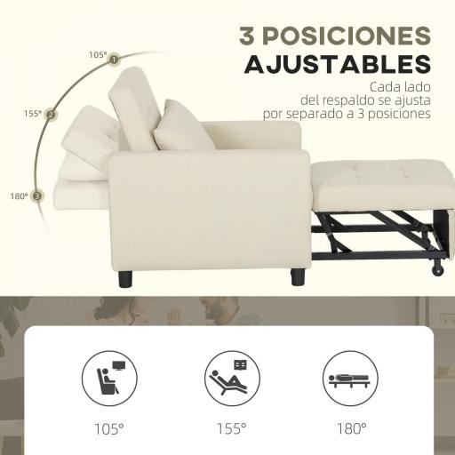 Sofá Cama de 1 Plaza Tapizado en Lino con Respaldo Ajustable de 3 Niveles y Almohada Acolchada 69x82,5x84 cm Beige [3]