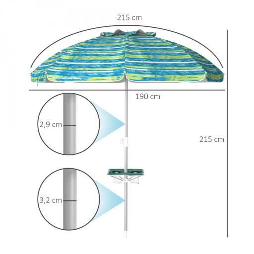Sombrilla de Playa Ø190x215 cm con Reclinación 45° Altura Ajustable y Mesa con Portavasos Anti-UV Impermeable Multicolor [1]