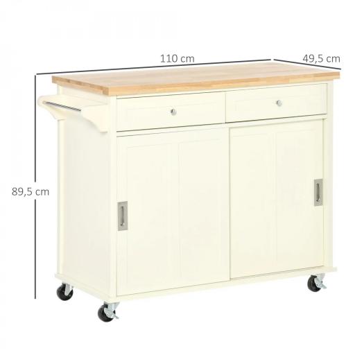 Carrito de Cocina Multifuncional con Ruedas 2 Puertas Correderas 2 Cajones y Barra de Colgar 110x49,5x89,5 cm Crema [1]