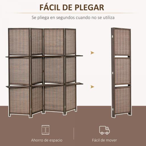 Biombo de 4 Piezas de Bambú Biombo Separador de Ambientes Plegable con 2 Estantes Extraíbles Divisor de Habitaciones Dormitorio 180x180 cm Marrón [5]