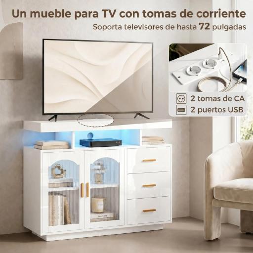 Aparador con LED RGB de 7 Colores Tomas Puertos USB 3 Cajones Estantes Abiertos 2 Puertas 100x35x80 cm Blanco Brillante [4]