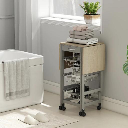 Carrito Auxiliar Plegable Carrito de Cocina con 6 Ruedas 1 Cajón y 3 Cesta de Metal 97,2x37x77,5 cm Gris y Roble [7]