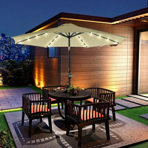 Sombrilla Terraza Exterior Ø265 cm Sombrilla de Jardín con 32 Luces LED Solares Poste de Acero y Manivela Parasol Inclinable para Patio Terraza Beige [6]