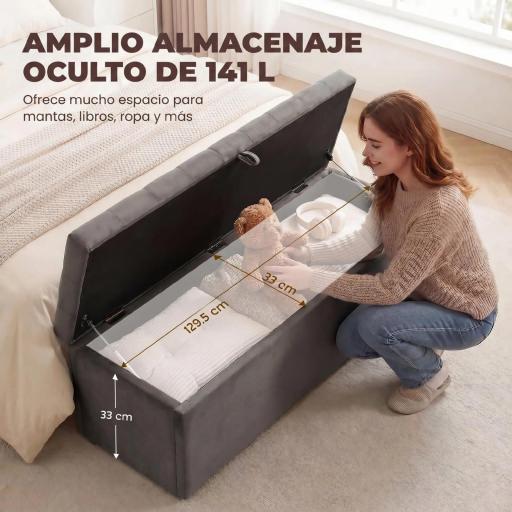 Puff Almacenaje, Banco Almacenaje 141L 137x41x42 cm Tapizado en Terciopelo Baúl de Almacenamiento Carga 240 kg Gris [3]