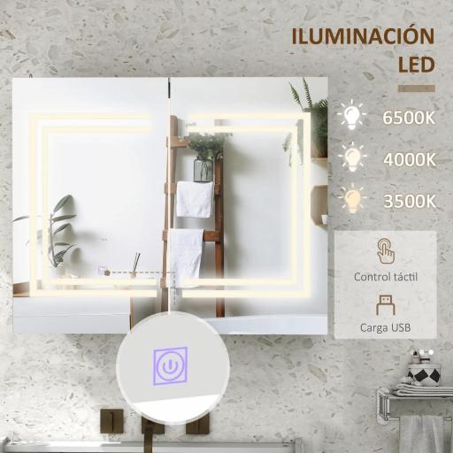 Mueble de Baño con Espejo Estantes Ajustables Interruptor Táctil y Color de Luz Ajustable 80x15x65 cm Blanco Brillante [2]