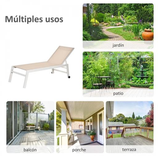 Tumbona de Jardín de Aluminio Tumbona Exterior con Respaldo Reclinable en 5 Posiciones Carga 120 kg 169x65x102 cm Beige [4]