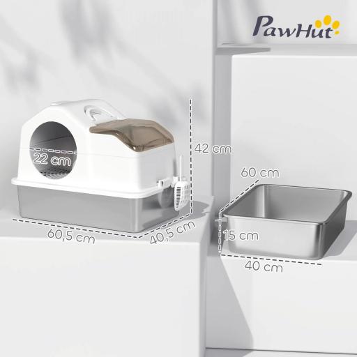 Arenero para Gatos Cubierto con Bandeja de Acero Inoxidable Tapa Extraíble Bordes Altos Fácil de Limpiar Blanco [1]