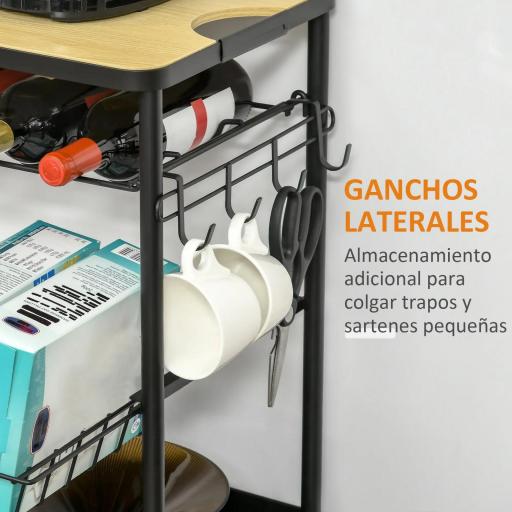 Carro de Cocina con Ruedas Carrito de Servicio Multiuso con Botellero Cesta Extraíble Bandeja 60,5x35,5x75 cm Negro [5]