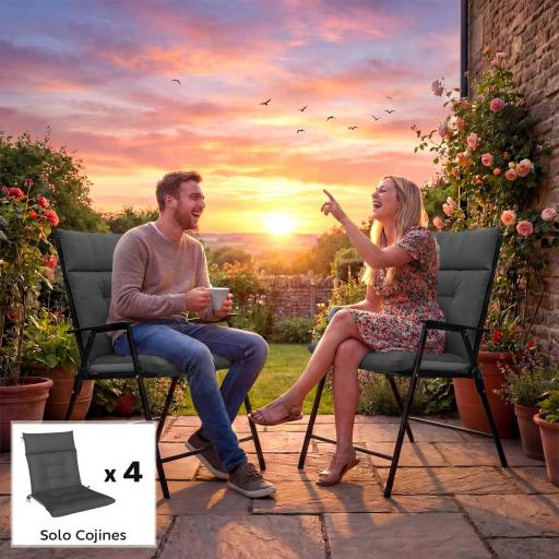 Set de 4 Cojines para Sillas de Jardín Impermeables y Antideslizantes con Respaldo Correas 112x53 cm Gris Oscuro [6]