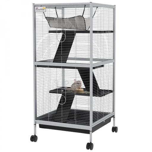 Jaula para Animales Pequeños con Ruedas 2 Puertas 3 Rampas Hamaca Colgante y Bandeja Extraíble 52x52x113,5cm Gris [8]