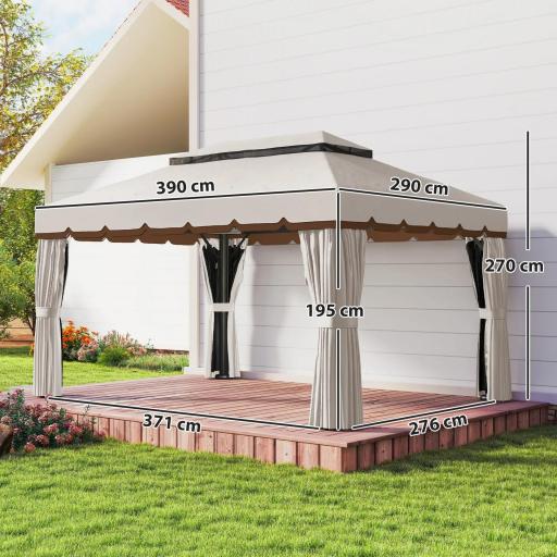 Cenador de Jardín 4x3m Pabellón de Jardín Gazebo con Doble Techo 4 Cortinas y Mosquitera Marco de Aluminio UPF50+ Crema [1]