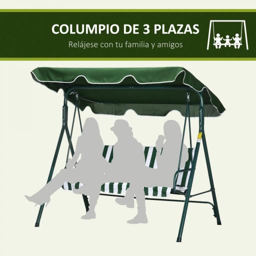 Columpio Balancín de Jardín de 3 Plazas con Cojín Techo Ajustable y Marco de Acero 172x110x153 cm Rayas Verde y Blanco [2]
