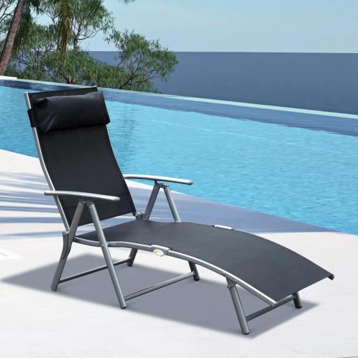 Tumbona de Jardín Plegable con Respaldo Ajustable en 7 Niveles Almohada y Reposabrazos 137x63,5x100,5 cm Negro