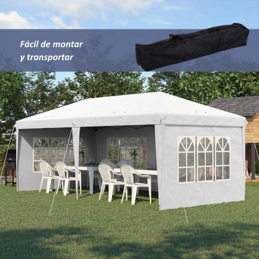 Carpa Plegable 6x3 m con 4 Laterales Desmontables Cenador de Jardín con 4 Ventanas Visibles y Bolsa de Transporte Blanco [2]