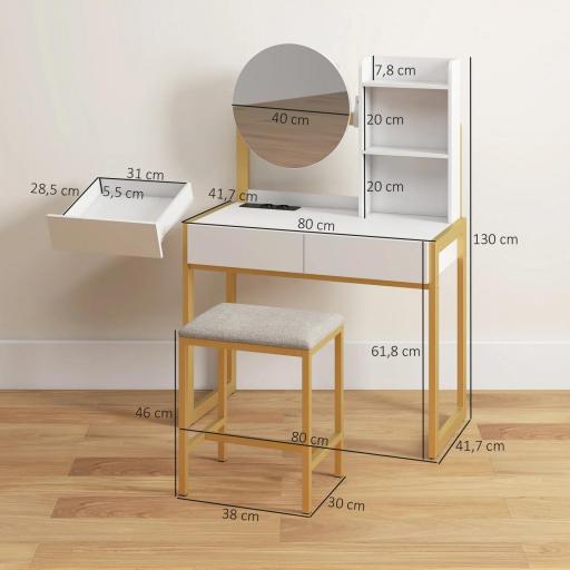 Tocador de Maquillaje con Espejo y Taburete Acolchado Estación de Carga 2 Cajones 3 Estantes para Dormitorio Blanco [1]