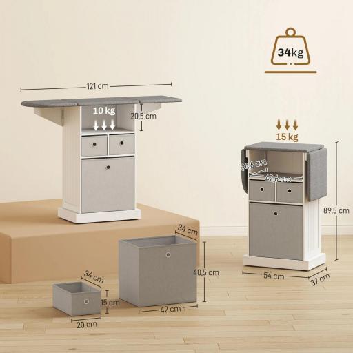 Mueble de Plancha con Ruedas Tabla de Planchar Plegable 3 Cajones de Tela 121x37x89,5 cm Blanco [6]