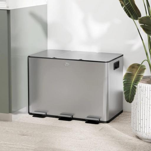 Papelera Cocina de Acero Inoxidable con 3 Compartimentos 3x10L con Pedales Tapas de Cierre Suave y Cubo Extraíble Plata