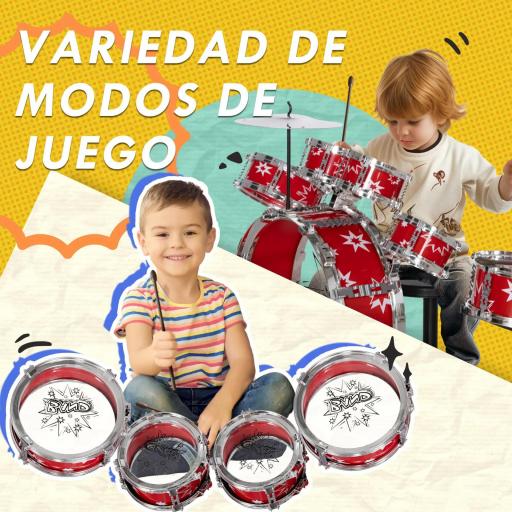 Batería para Niños de +3 Años con Tambores Bombo Platillo Pedal y Baquetas Diseño con Tema de Estrellas 65x22x57 cm Rojo [1]