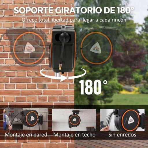 Manguera Compresor Aire 20 m + 2 m Conector de 1/4'' BSP con Soporte para Pared Giratorio 180° Negro [6]