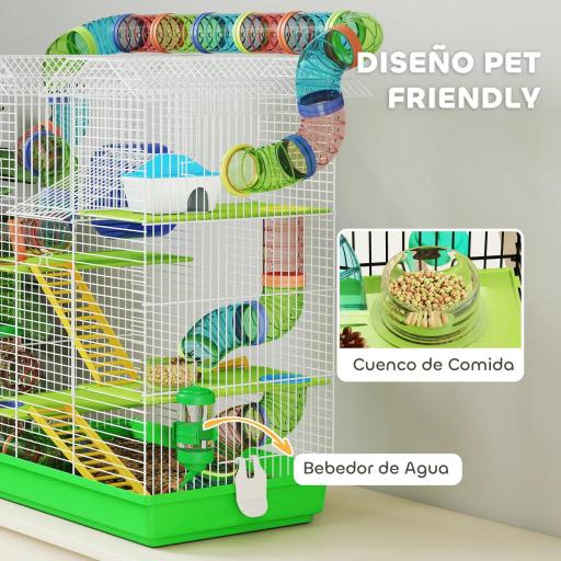 Jaula para Hámster de 5 Niveles 47x30x59 cm con Túnel Comedero Bebedero Casita Rueda de Ejercicio Escaleras Verde [4]