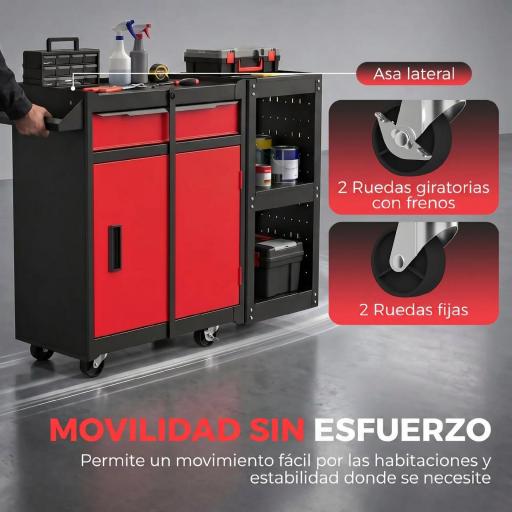 Carro de Herramientas con Ruedas 3 en 1 con 5 Cajones y Armario Inferior Paneles Perforados y Cerradura Negro y Rojo [3]